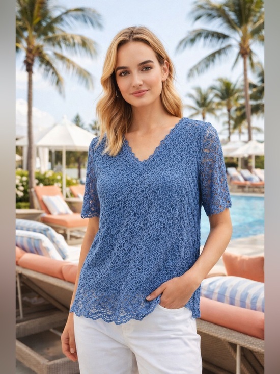 Elisabeth Tops - NWT Elisabeth Petite Blue Crochet Lace Top 1P Lined Short Sleeve Boho Blouse